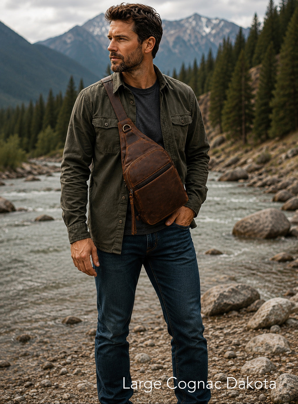 Large Unisex Dakota Concealed Carry Sling Cognac