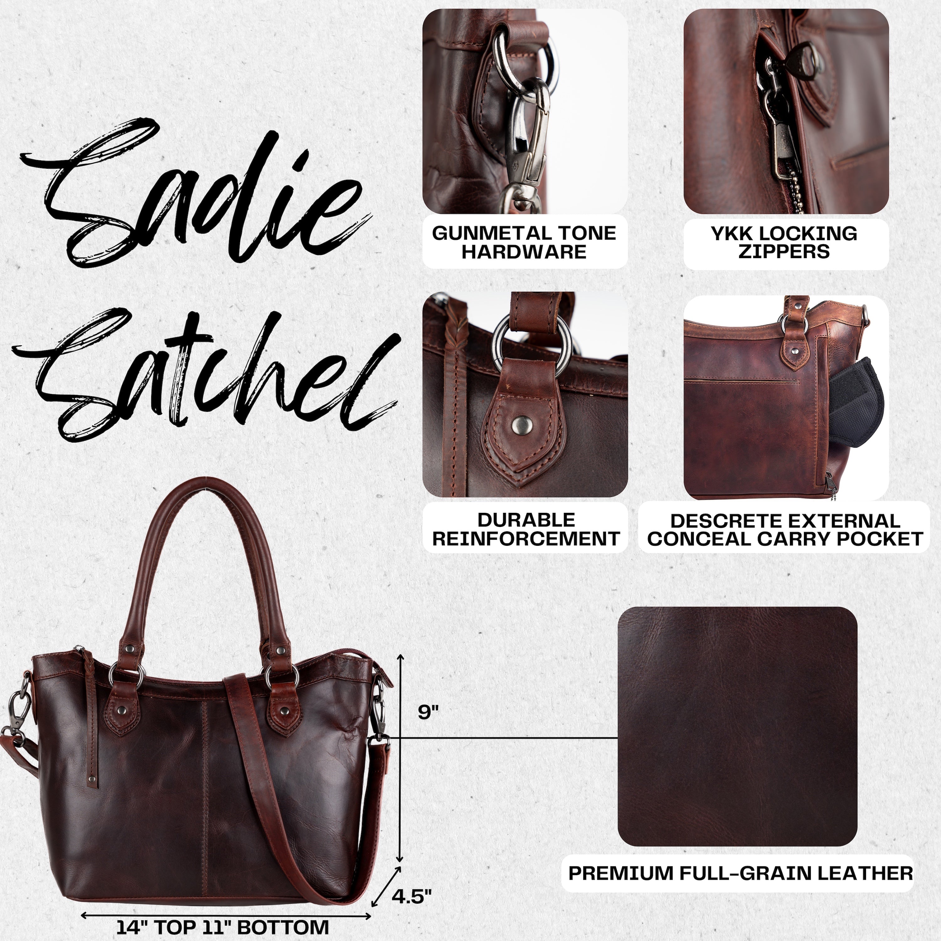 Concealed Carry Sadie Leather Satchel by Lady Conceal -  Lady Conceal -  designer purses -  black designer purse -  designer purse brands -  designer backpack purse -  designer purse sale -  womens designer purse sale -  designer purses black friday sale -  black and white designer purse -  black crossbody purse designer -  black owned purse designers -  woman designer purse -  designer purses for women 