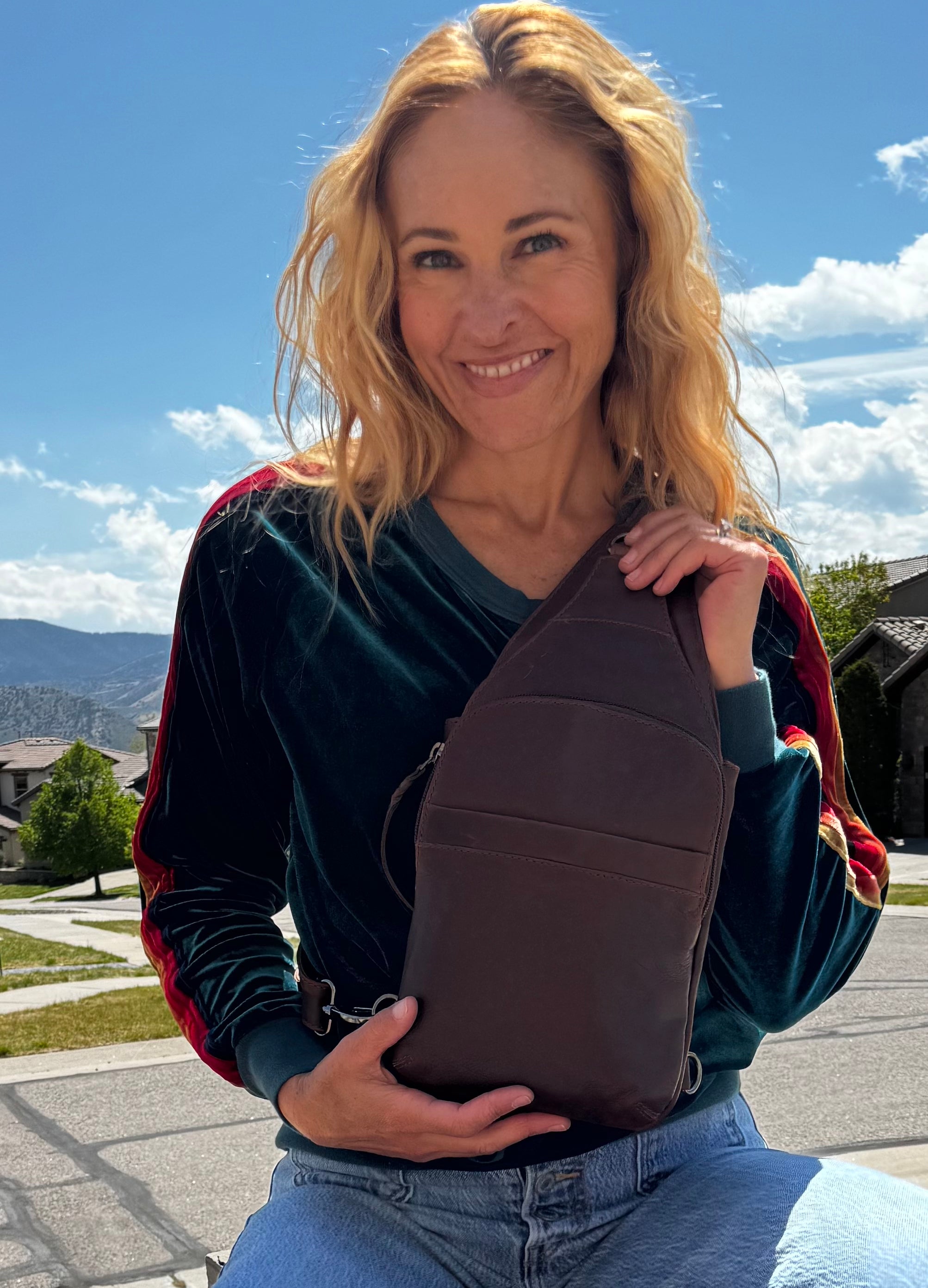 Concealed Carry Unisex Dakota Leather Sling by Lady Conceal - Magnetic Firearm Bag - Fast Draw CCW bag -  Universal Holster Pistol Sling - Unisex Gun Leather Backpack - Anti-Theft Gun Bag with Locking Zippers