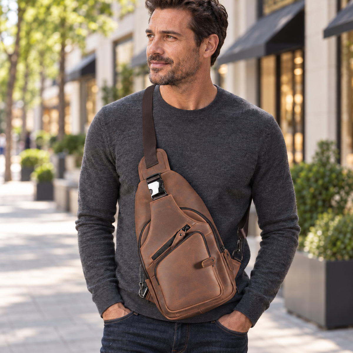 Xander concealed carry leather sling, DS Conceal crossbody bag with secure buckle and universal holster
